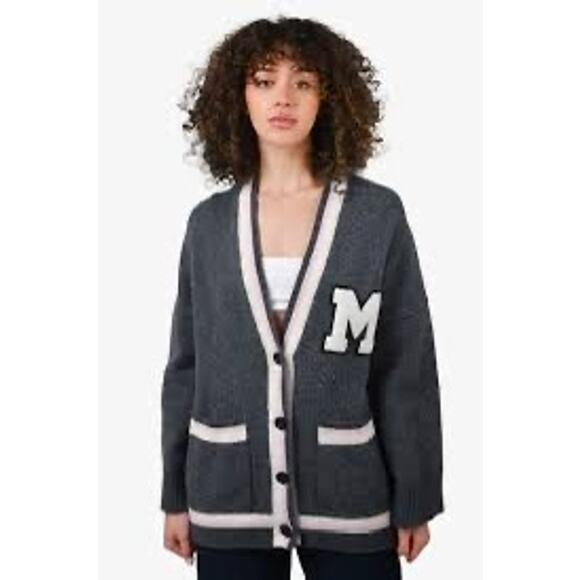 MAJE Gray White Oversized Varsity Letter Style Button Front Cardigan sz 1 Small - Picture 1 of 10